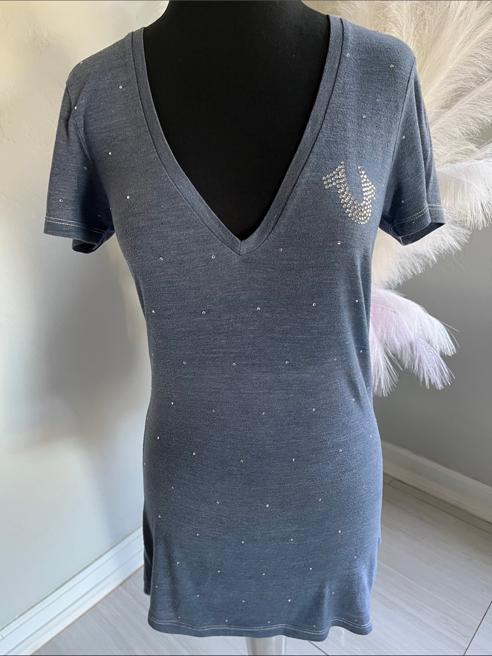 True Religion Blue V-Neck Rhinestone Embellished Dress